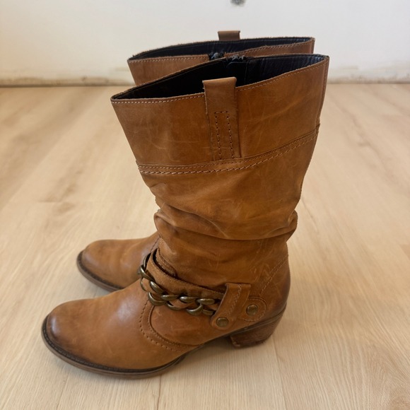 Remonte Dorndorf Brown Tan Slouchy Leather Chain Accent Mid Calf Boots 8 Boho - Picture 4 of 16